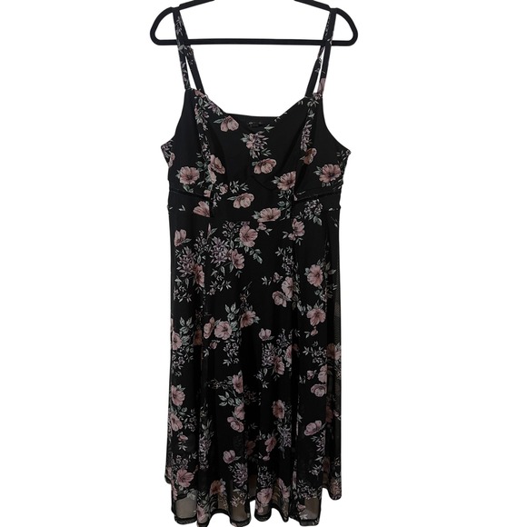 torrid Dresses & Skirts - Torrid Midi Dress Size 2 Floral Mesh Cami Black Pink Surplice Neck